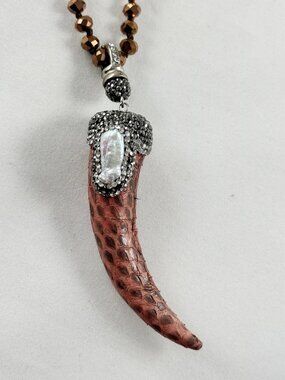 Unusual copper crystal bead necklace with horn pendant decorated in crystals